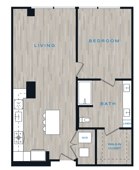 Floor plan for 1 bed, 1 bath, 756 sqft